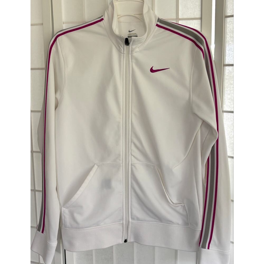 Y2K Sporty Athletic Nike Track Jacket Women’s Medium White Pink Full Zip